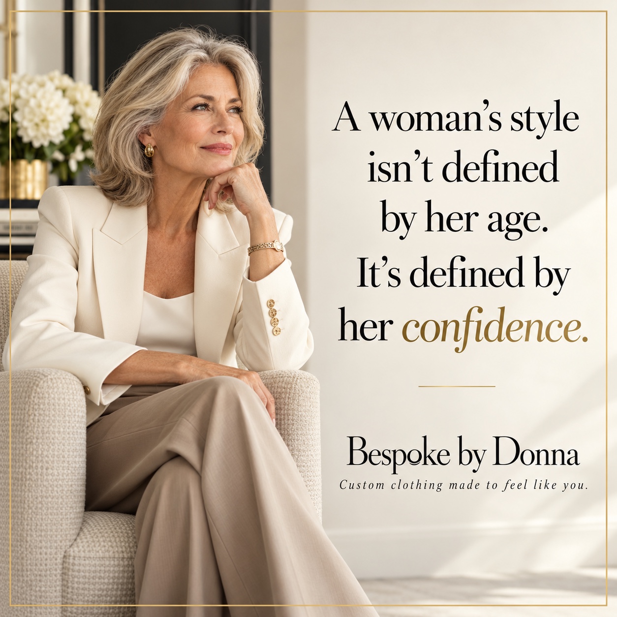Woman in an ivory suit. A woman’s style isn’t defined by her age. It’s defined by her confidence. Bespoke by Donna: Custom clothing made to feel like you.
